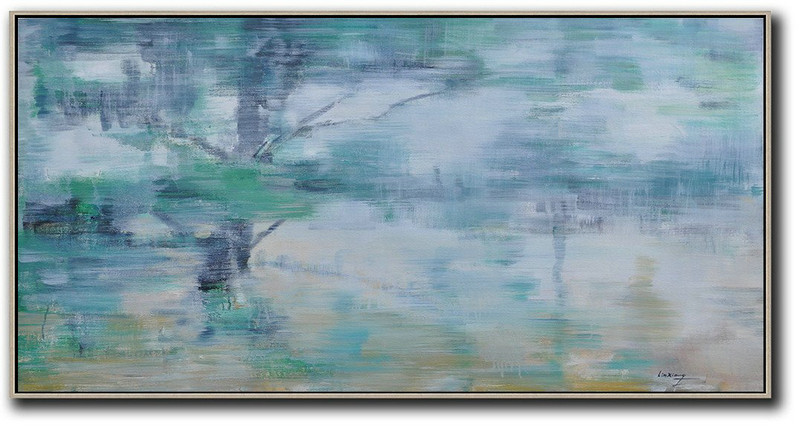 Large Abstract Painting On Canvas,Panoramic Abstract Landscape Painting,Acrylic Painting Wall Art Blue Grey,Green,White,Yellow